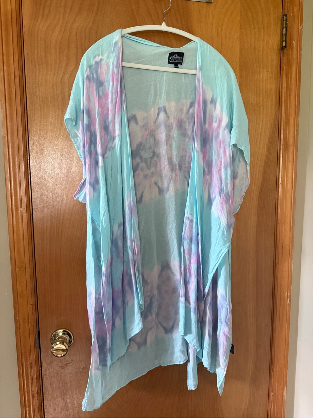 Angie Light Blue Tie-Dye Open Front Kimono with Pink and Purple Accents